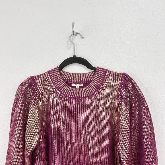 Jodifl Metallic Pink Gold Knit Sweater Ballooon Sleeves Ribbed Size S Party Cozy - Picture 3 of 12